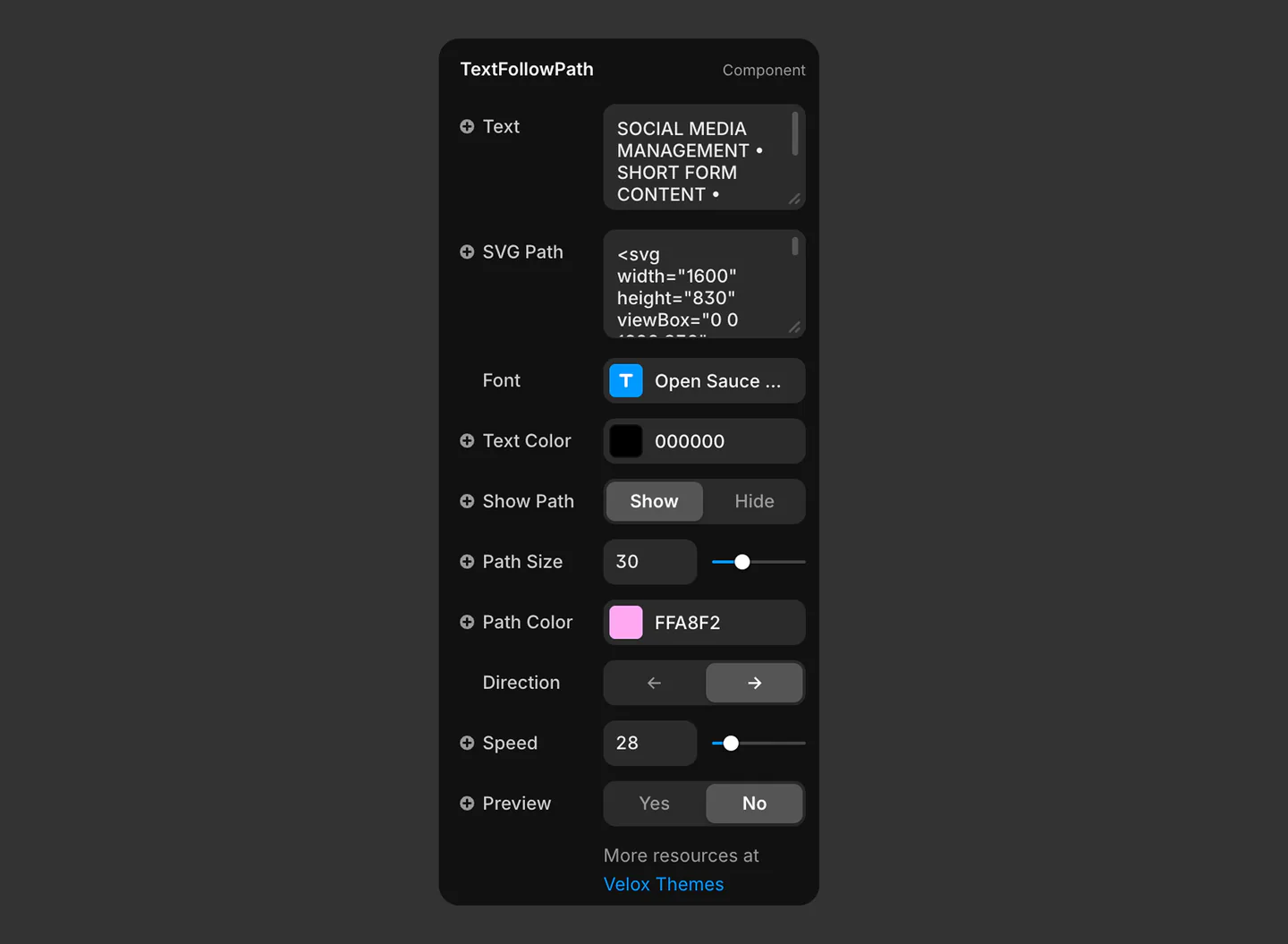 All controls of Text Follow Path Framer component